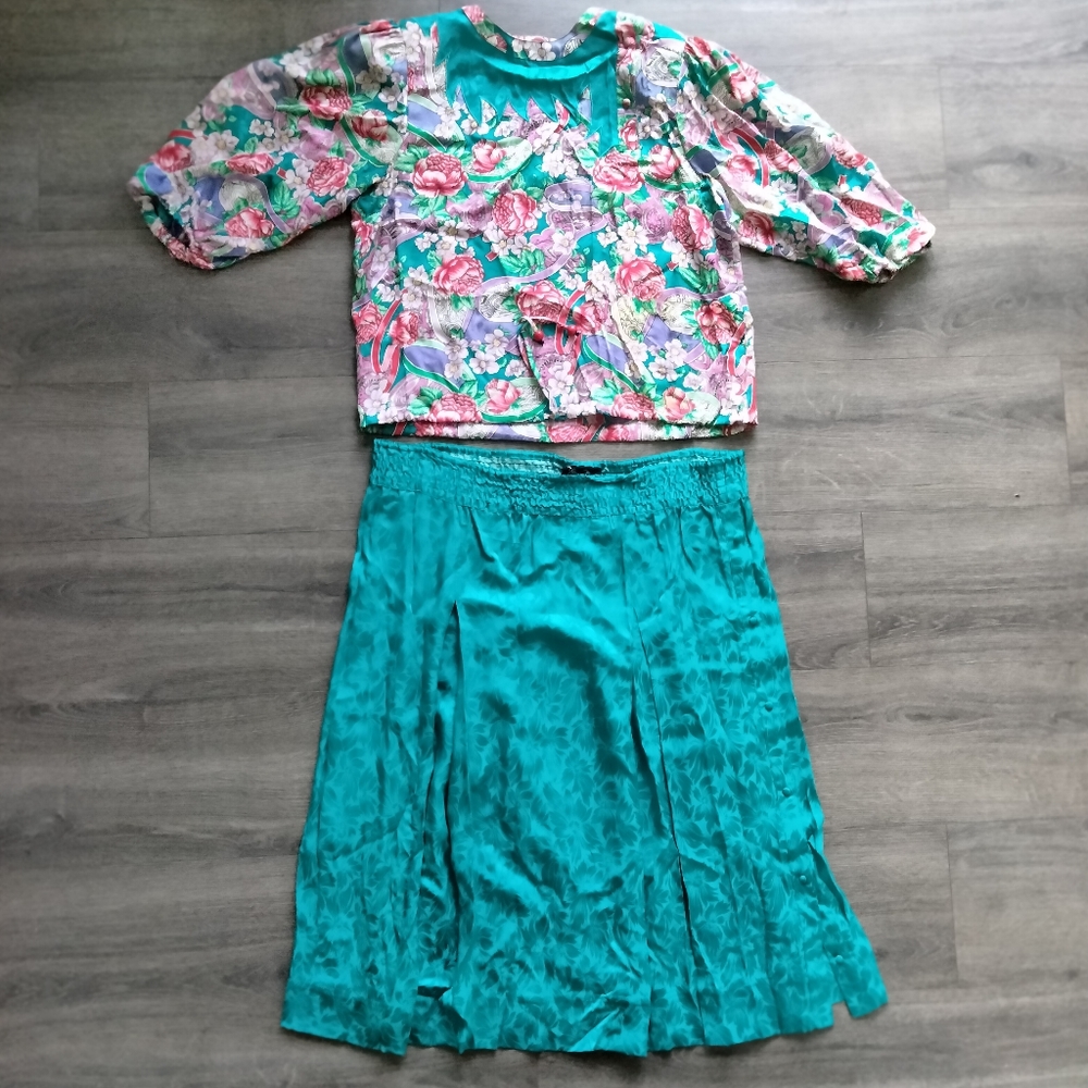 Diane Freis Vintage 80s Floral Blouse And Blue Skirt Two Pcs Silk Set Size M